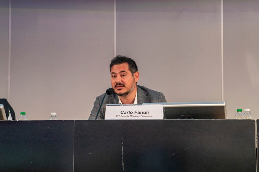 Foto di Carlo Fanuli, ICT Security Manager di PROMETEON TYRE GROUP al Forum ICT Security 2023 dove parla di Cybersecurity integrata: formazione aziendale, risk management avanzato, security by design con encryption e network segmentation per protezione totale