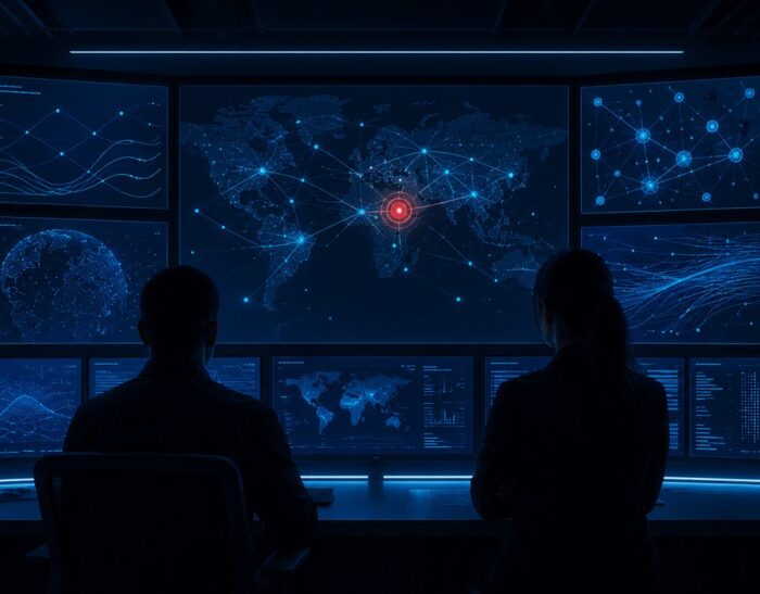Sala operativa di sicurezza informatica con schermi che mostrano grafici di rete e un avviso critico: Minacce informatiche della settimana 1-5 giugno 2026