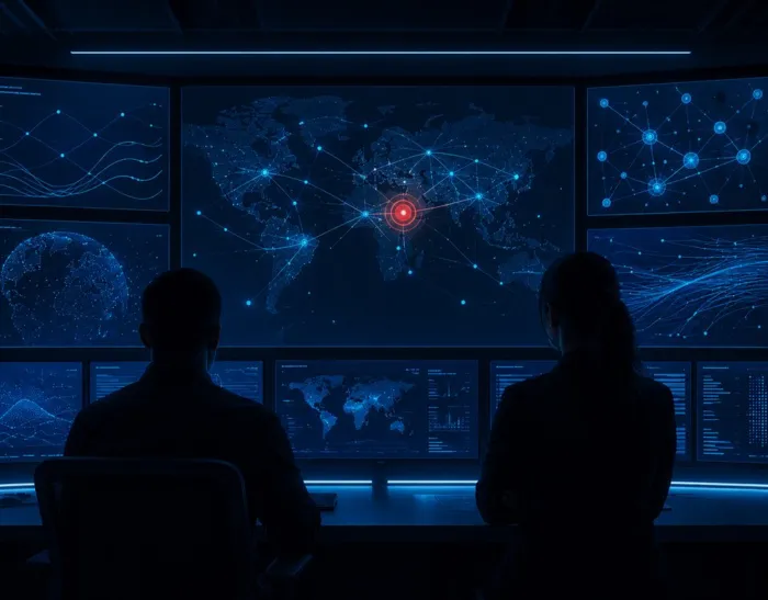 Sala operativa di sicurezza informatica con schermi che mostrano grafici di rete e un avviso critico: Minacce informatiche della settimana 1-5 giugno 2026