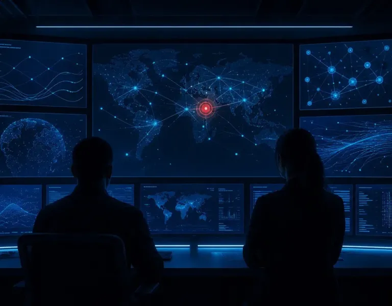 Sala operativa di sicurezza informatica con schermi che mostrano grafici di rete e un avviso critico: Minacce informatiche della settimana 1-5 giugno 2026