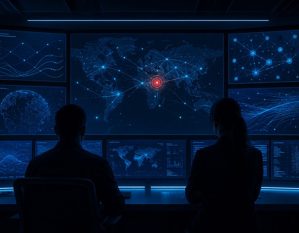 Sala operativa di sicurezza informatica con schermi che mostrano grafici di rete e un avviso critico: Minacce informatiche della settimana 1-5 giugno 2026