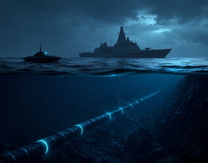 Protezione cavi sottomarini Europa Cavo sottomarino in fibra ottica sul fondale con nave militare di pattuglia in superficie
