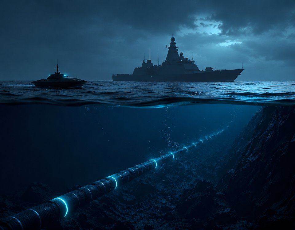Protezione cavi sottomarini Europa Cavo sottomarino in fibra ottica sul fondale con nave militare di pattuglia in superficie