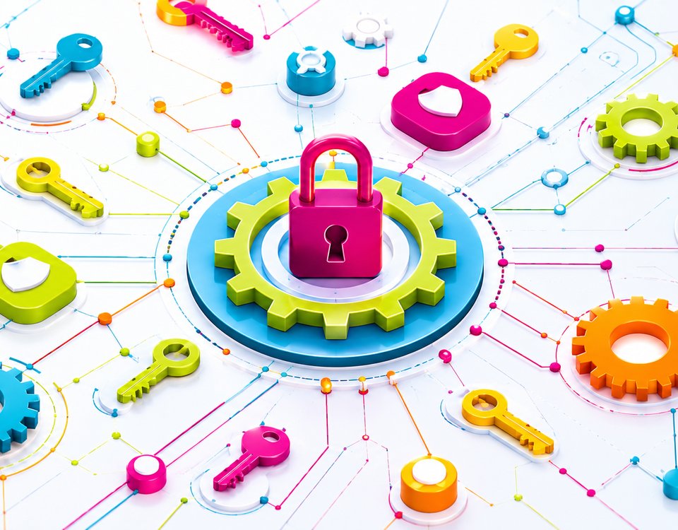 Identità non umane: chiavi, token e ingranaggi digitali interconnessi in una rete, illustrazione concettuale a colori pop accesi.