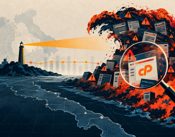 un faro che illumina una ondata di cpanel e cartelli di attenzione: ACN, Operational Summary ACN agosto 2026: incidenti stabili, quasi triplicati i sistemi a rischio per una vulnerabilità di cPanel