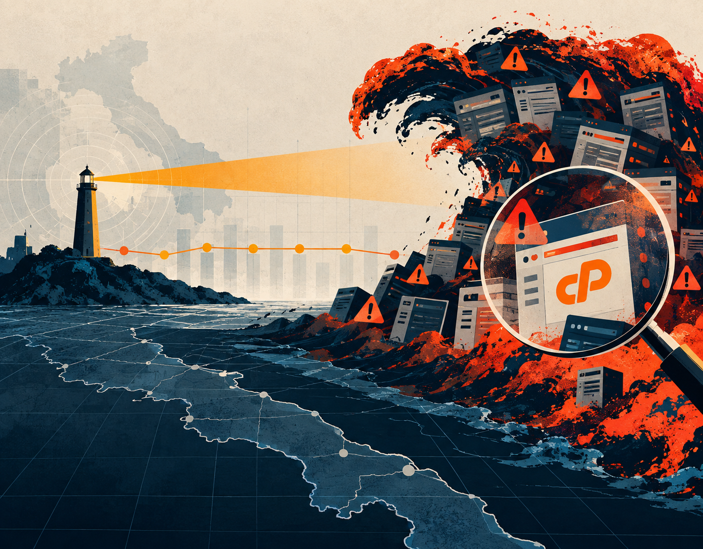 un faro che illumina una ondata di cpanel e cartelli di attenzione: ACN, Operational Summary ACN agosto 2026: incidenti stabili, quasi triplicati i sistemi a rischio per una vulnerabilità di cPanel