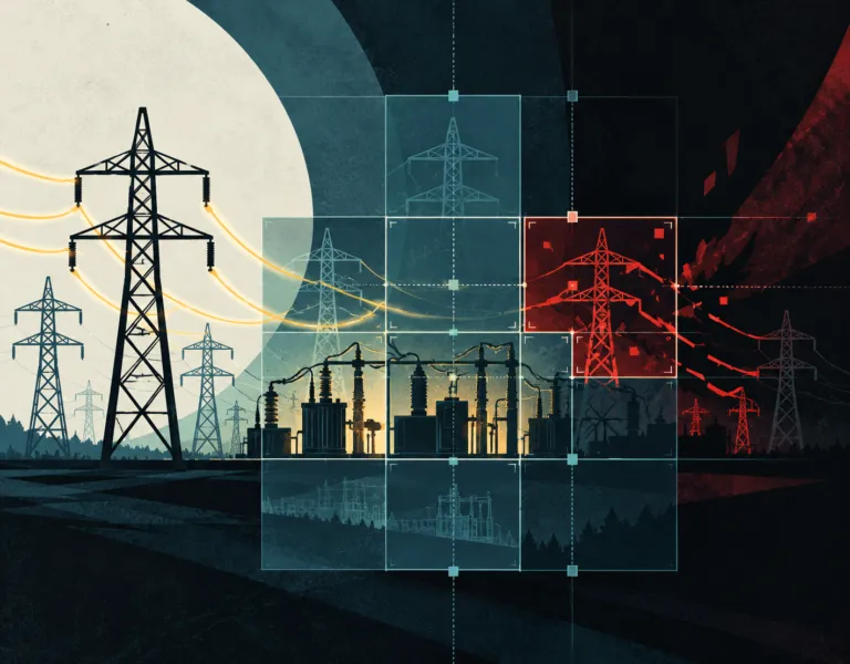 raffigurazione della rete elletrica tramite tralicci e cyber attacco che fa diventare i tralicci rossi. Attacco alla rete elettrica ucraina del 2015 MATRIX alla prova e modello zero trust