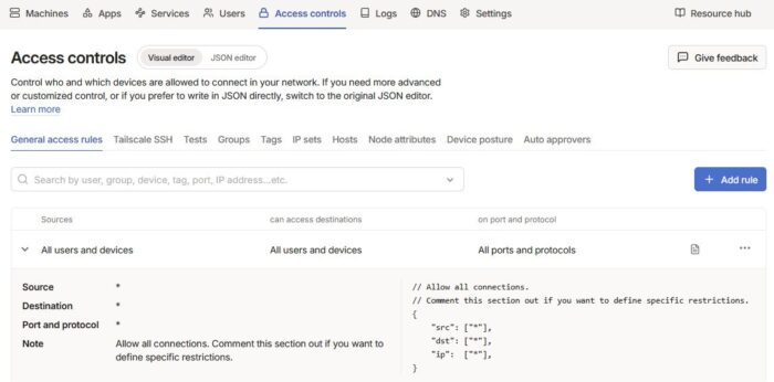 Il pannello Access Controls permette di definire regole di accesso tramite editor visuale o JSON, senza configurazioni complesse.
