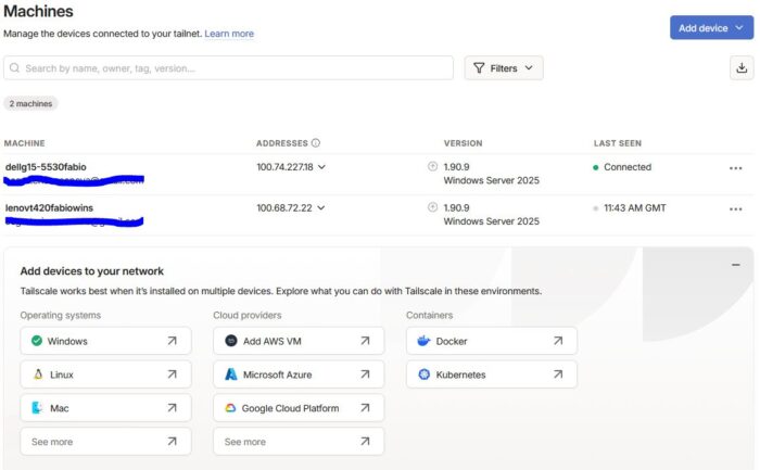 La dashboard Machines di Tailscale: gestione dei dispositivi connessi e supporto multipiattaforma per sistemi operativi, cloud provider e container.