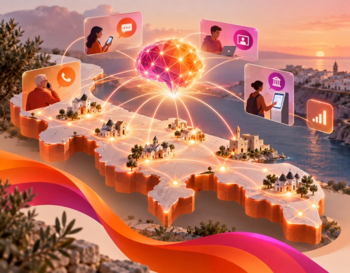 Mappa stilizzata della Puglia attraversata da connessioni digitali, con un cervello AI centrale e servizi multicanale per cittadini e PA, nei colori arancio e magenta di WINDTRE.