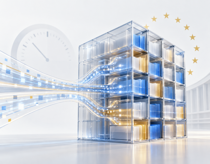 archivio digitale rappresentato come un palazzo di vetro. Conservazione dei dati di traffico il vincolo che torna da Bruxelles