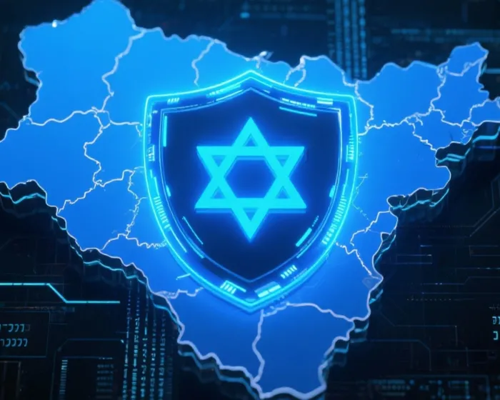 Futuristic digital shield glowing in blue tones over a map of Israel, symbolizing national cybersecurity defense. Background with code streams, data grids, and a Star of David integrated subtly into the design — modern, powerful, high-tech atmosphere