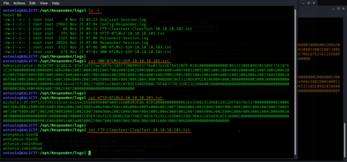 File di log di Responder.py che mostrano gli HASH e le credenziali catturate