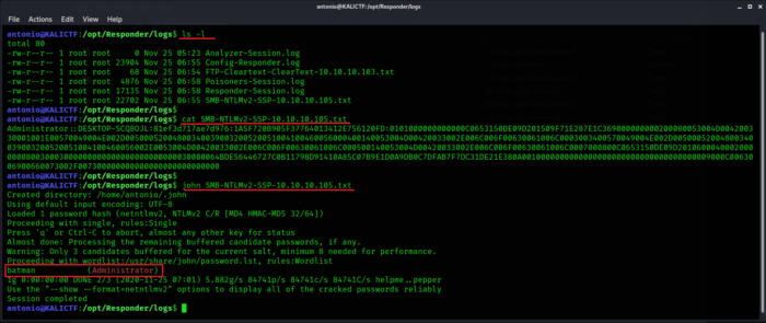John The Ripper mostra la password "batman" craccata