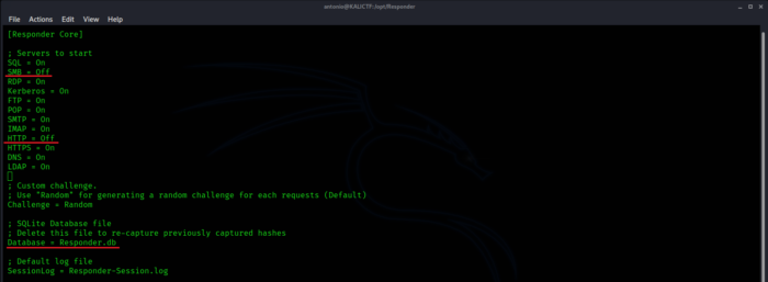 File di configurazione di Responder.py con HTTP e SMB disabilitati