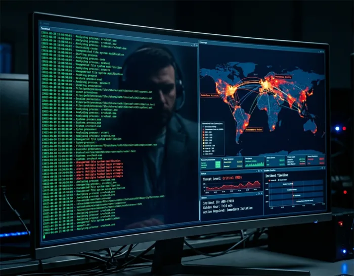 Attacco ransomware in corso su un sistema aziendale con schermi che mostrano cifratura dei dati, backup compromessi e gestione dell’emergenza nella Golden Hour per la risposta all’incidente: backup ransomware, Incident Responder, Cyber Forensics, cyber investigation, Data Exfiltration