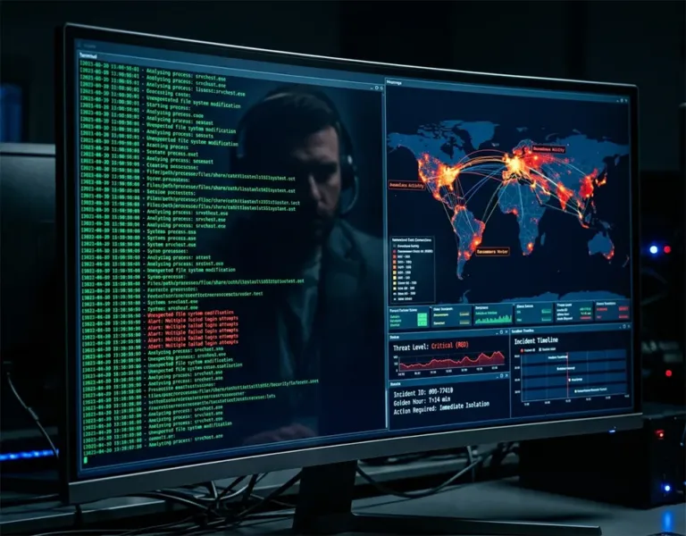 Attacco ransomware in corso su un sistema aziendale con schermi che mostrano cifratura dei dati, backup compromessi e gestione dell’emergenza nella Golden Hour per la risposta all’incidente: backup ransomware, Incident Responder, Cyber Forensics, cyber investigation, Data Exfiltration