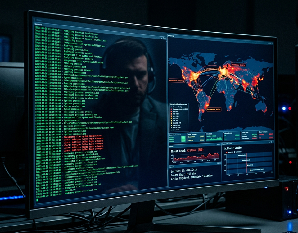 Attacco ransomware in corso su un sistema aziendale con schermi che mostrano cifratura dei dati, backup compromessi e gestione dell’emergenza nella Golden Hour per la risposta all’incidente: backup ransomware, Incident Responder, Cyber Forensics, cyber investigation, Data Exfiltration