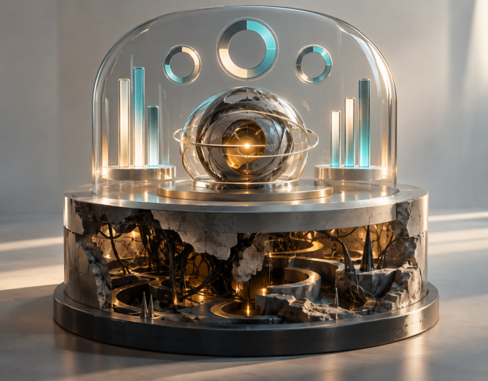Metriche di sicurezza dell'AI: Una rappresentazione simbolica del divario tra metriche dichiarate e sicurezza reale: in superficie, grafici ordinati e indicatori apparentemente positivi circondano il nucleo dell’AI; sotto, la struttura è invece fragile, danneggiata e piena di criticità nascoste.