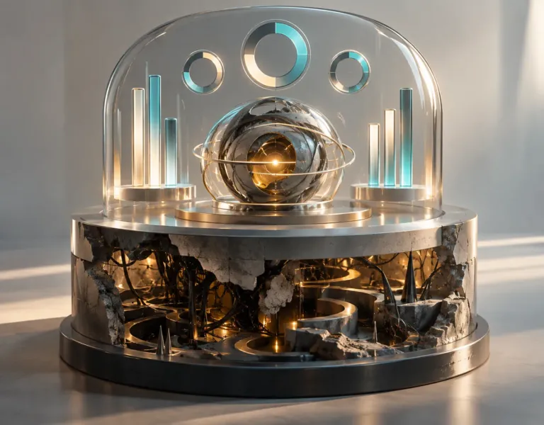 Metriche di sicurezza dell'AI: Una rappresentazione simbolica del divario tra metriche dichiarate e sicurezza reale: in superficie, grafici ordinati e indicatori apparentemente positivi circondano il nucleo dell’AI; sotto, la struttura è invece fragile, danneggiata e piena di criticità nascoste.