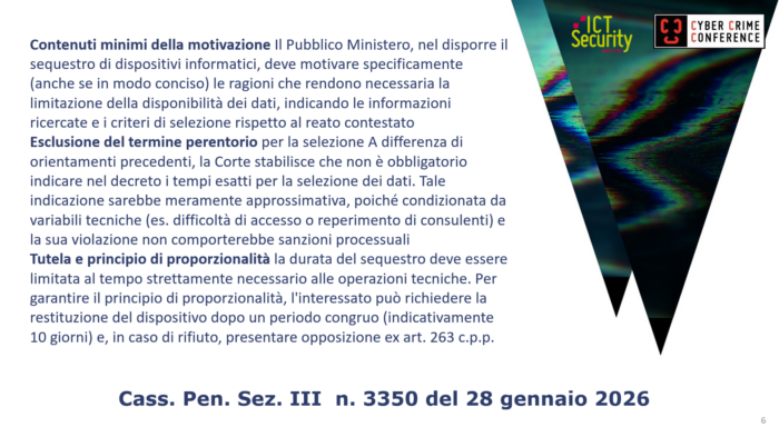 La fine della copia integrale e del sequestro a "strascico": Cass. Pen. Sez. III n. 3350 del 28 gennaio 2026 - Cyber Crime Conference, Pier-Luca Toselli 