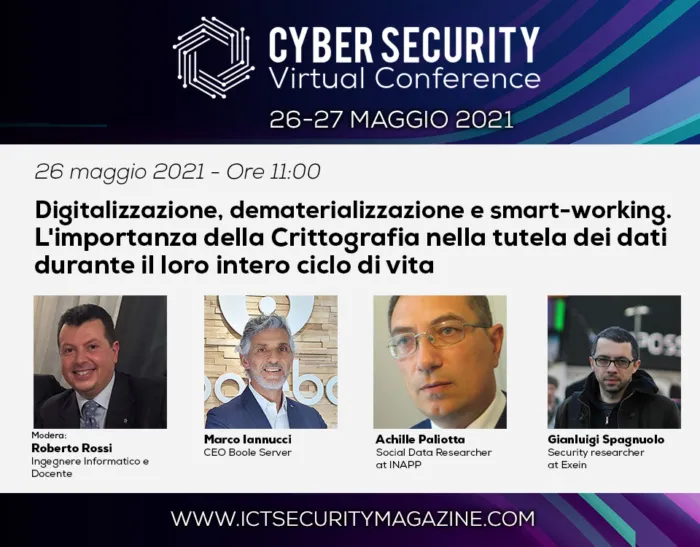 Digitalizzazione, dematerializzazione e smart-working – L’importanza della Crittografia nella tutela dei dati durante il loro intero ciclo di vita – Cyber Security Virtual Conference 2021