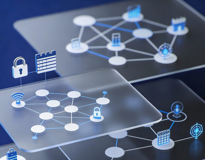 Illustrazione concettuale sulla trasparenza della supply chain software, con componenti di codice stratificati, grafi di dipendenze, inventari SBOM, librerie software e simboli di sicurezza e conformità europea, che rappresentano gli standard SPDX e la resilienza cyber