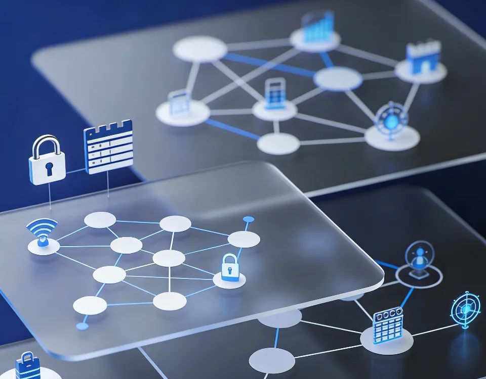 Illustrazione concettuale sulla trasparenza della supply chain software, con componenti di codice stratificati, grafi di dipendenze, inventari SBOM, librerie software e simboli di sicurezza e conformità europea, che rappresentano gli standard SPDX e la resilienza cyber
