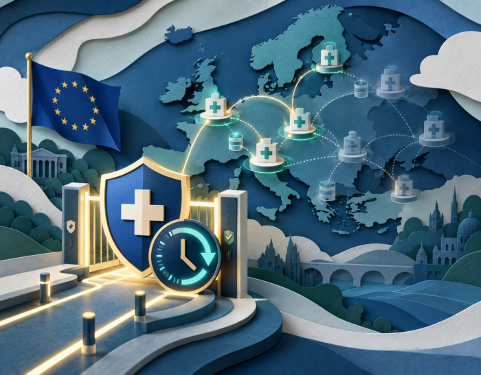Rappresentazione astratta dello scambio transfrontaliero di dati sanitari in Europa, senza testo.