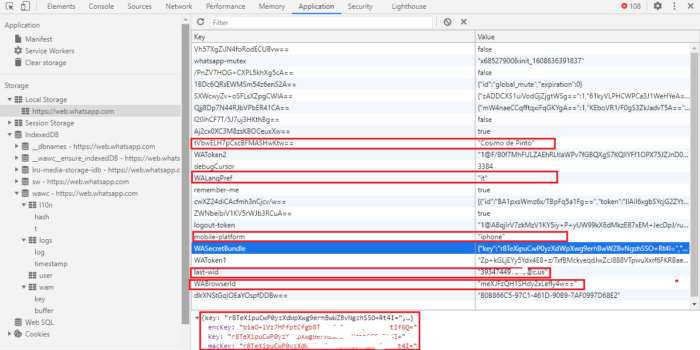 Esempio di evidenze estratte dall'API di WhatsApp Web tramite console di sviluppo