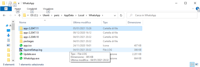 Contenuto tipico della directory di installazione di WhatsApp Desktop