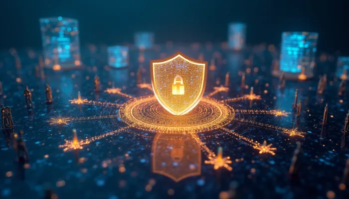 Rappresentazione digitale del ruolo dell’AI Act europeo nella gestione dei dati dei dipendenti, tra tutela dei lavoratori, GDPR e cybersecurity.
