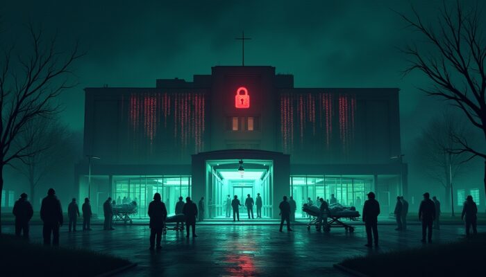 Attacchi ransomware agli ospedali: rappresentazione digitale di un ospedale compromesso da hacker con dati sanitari critici a rischio, evidenziando le minacce informatiche e l’urgenza della cybersecurity sanitaria.