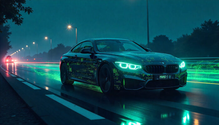 Rappresentazione di auto hackerate: un’automobile connessa circondata da codici digitali e flussi di dati, simbolo delle minacce informatiche