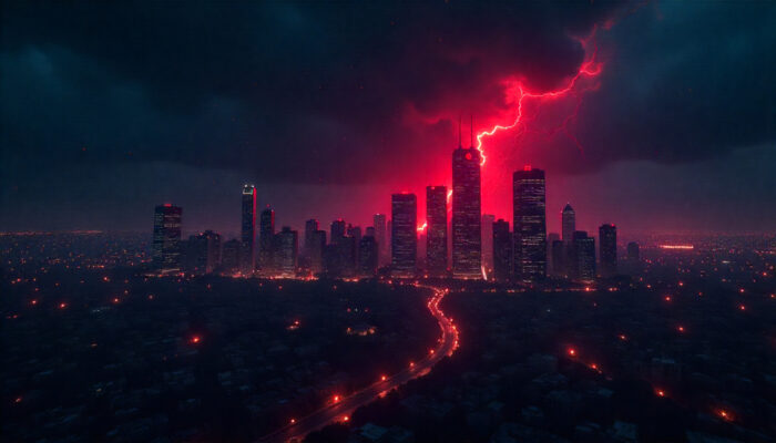 blackout cyber: una grande città moderna immersa nell’oscurità, con pochi edifici illuminati da luci di emergenza.
