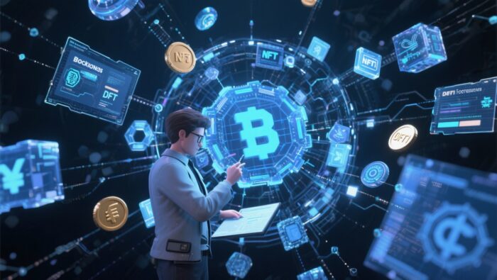 blockchain forensics, token NFT e protocolli DeFi in un ambiente cibernetico futuristico.