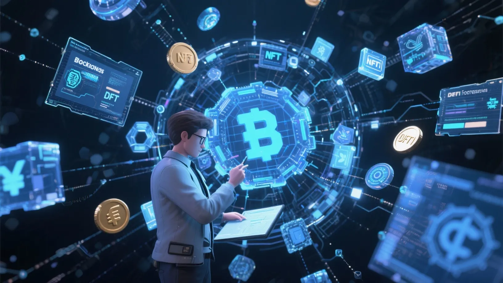 blockchain forensics, token NFT e protocolli DeFi in un ambiente cibernetico futuristico.