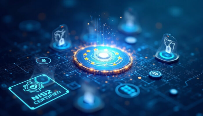 Certificato digitale con stelle dell’UE che rappresenta controlli e certificazioni in intelligenza artificiale e cybersecurity NIS2 ISO