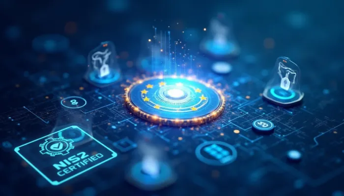 Certificato digitale con stelle dell’UE che rappresenta controlli e certificazioni in intelligenza artificiale e cybersecurity NIS2 ISO