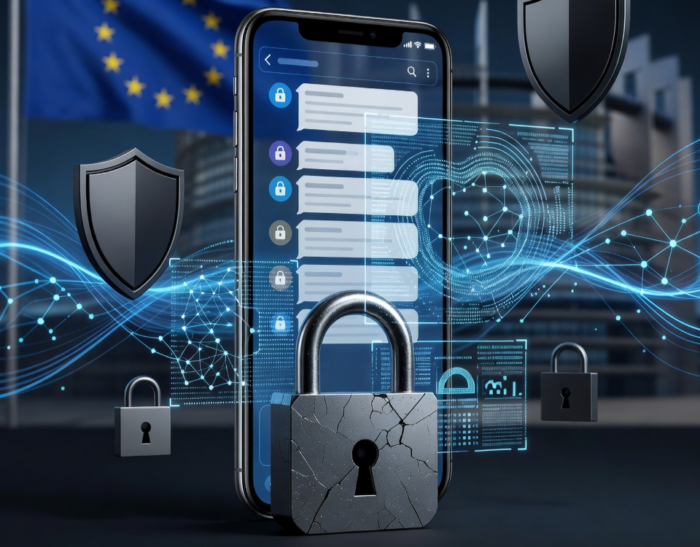 Illustrazione del regolamento Chat Control 2.0 con chat digitali, simbolo della privacy e lucchetto che rappresenta la crittografia end-to-end.