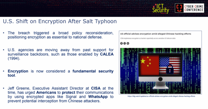 U.S. Shift on Encryption After Salt Typhoon - L'Impatto della Crittografia End-to- End (E2EE) sulle Indagini Criminali Contemporanee. Cybercrime Conference, Luca Cadonici
