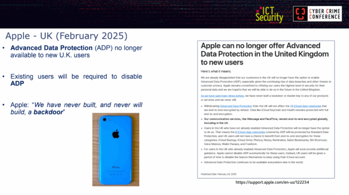 Apple: Sicurezza digitale vs indagini criminali: la complessa sfida della crittografia End-to-End. Cybercrime Conference, Luca Cadonici