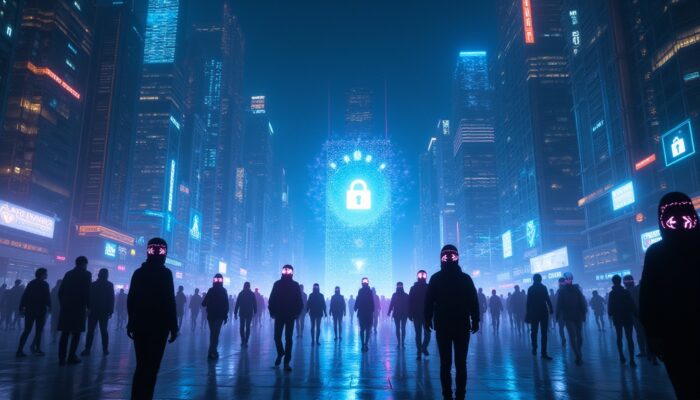 Illustrazione futuristica di una smart city notturna con telecamere e sensori che utilizzano tecniche di computer vision per la videosorveglianza, in cui le persone appaiono come silhouette anonimizzate e flussi di dati crittografati scorrono tra edifici e server, a simboleggiare la protezione della privacy.