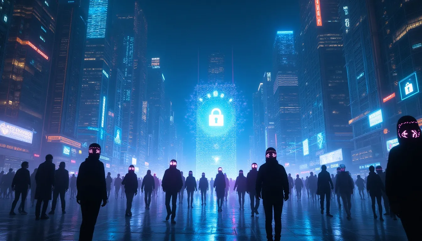 Illustrazione futuristica di una smart city notturna con telecamere e sensori che utilizzano tecniche di computer vision per la videosorveglianza, in cui le persone appaiono come silhouette anonimizzate e flussi di dati crittografati scorrono tra edifici e server, a simboleggiare la protezione della privacy.