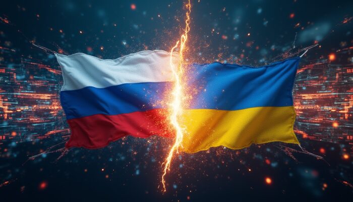 cyber guerra Russia-Ucraina: rete globale interconnessa con server, data center, banche e case colpite da attacchi informatici.