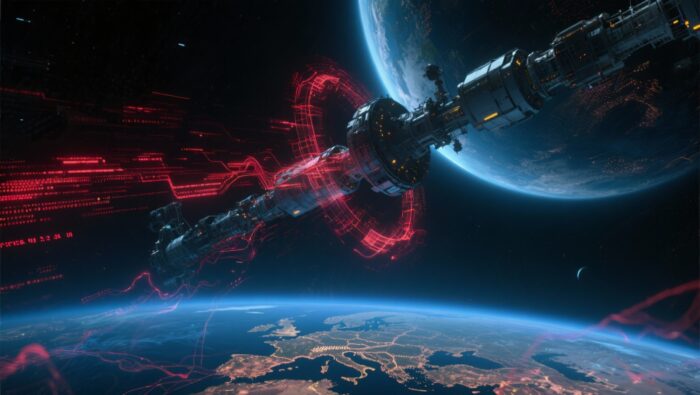 Satelliti in orbita sotto attacco informatico nello spazio, con scie di dati digitali e luci rosse che rappresentano le minacce alla cybersecurity spaziale globale.