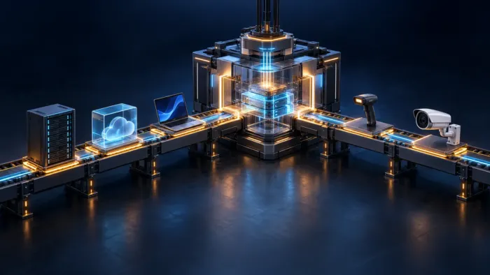 Cybersecurity V-Valley: competenze, servizi e tecnologia Server, cloud, portatile, lettore di codici e telecamera su nastri luminosi convergono in una struttura centrale