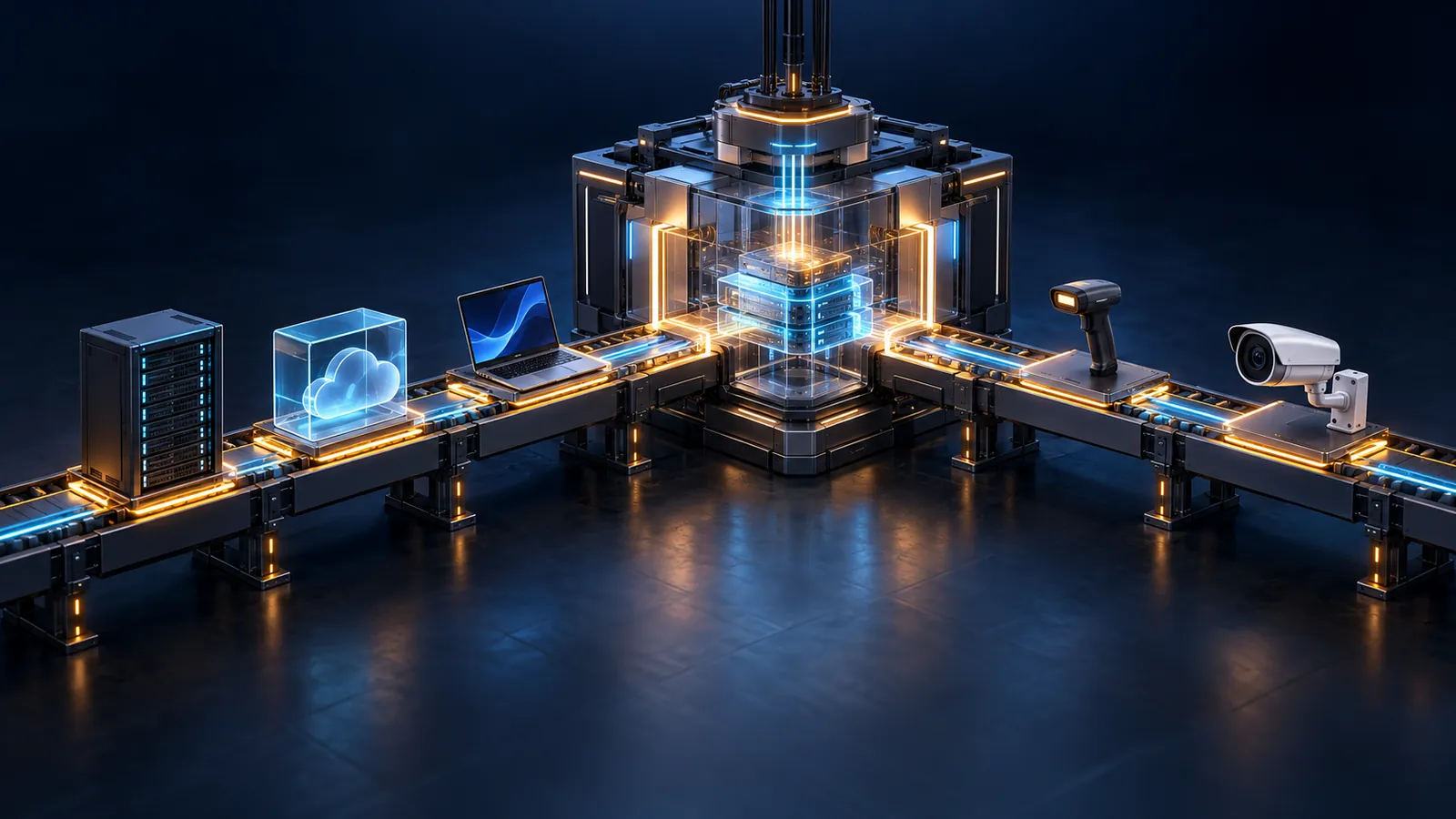 Cybersecurity V-Valley: competenze, servizi e tecnologia Server, cloud, portatile, lettore di codici e telecamera su nastri luminosi convergono in una struttura centrale