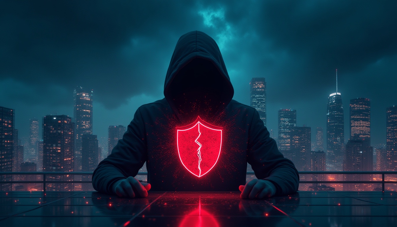 cybersicurezza 2025: una città digitale avvolta da codici binari, un hacker incappucciato sullo sfondo e uno scudo spezzato che simboleggia le nuove minacce informatiche.